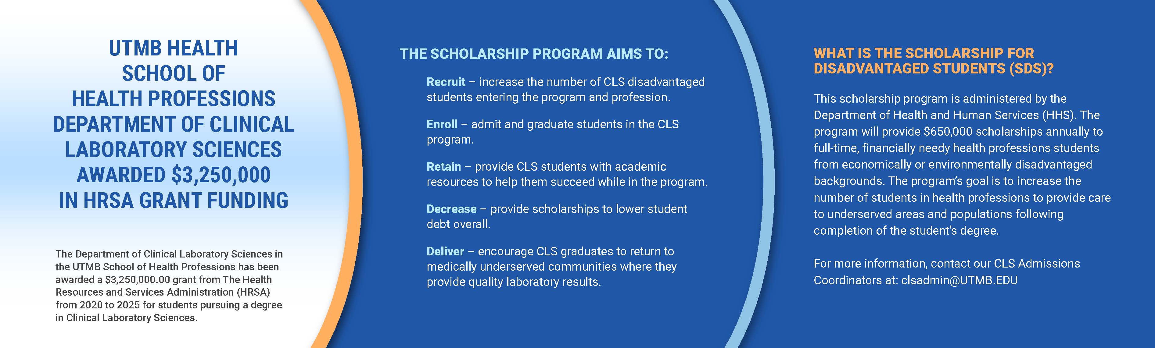 UTMB SHP Dept of CLS awarded over 3 million in RSA Grant Funding. For more info, contact CLS Admissions at clsadmin@utmb.edu